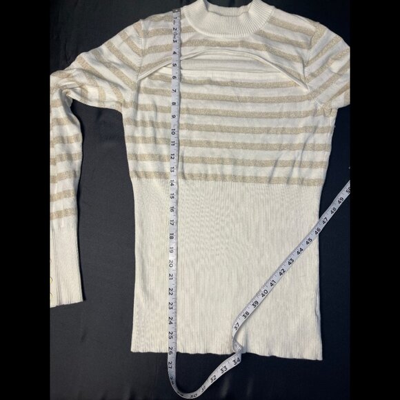Guess Keyhole Knit Sweater w/ Long Sleeves in White/Gold Stripes SZ-LG - Picture 5 of 7